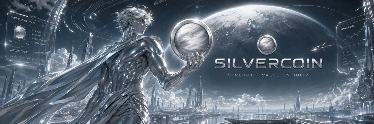 SILVERCOIN — a chrome titan holding the silver coin above a future city